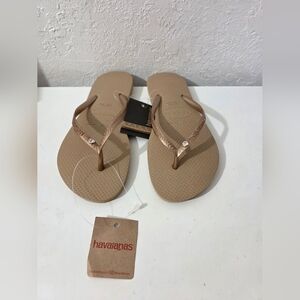 Havaianas Swarovsk Slim Crystal Flip Flop Thong Sandals Rose Gold Women Sz 9/10